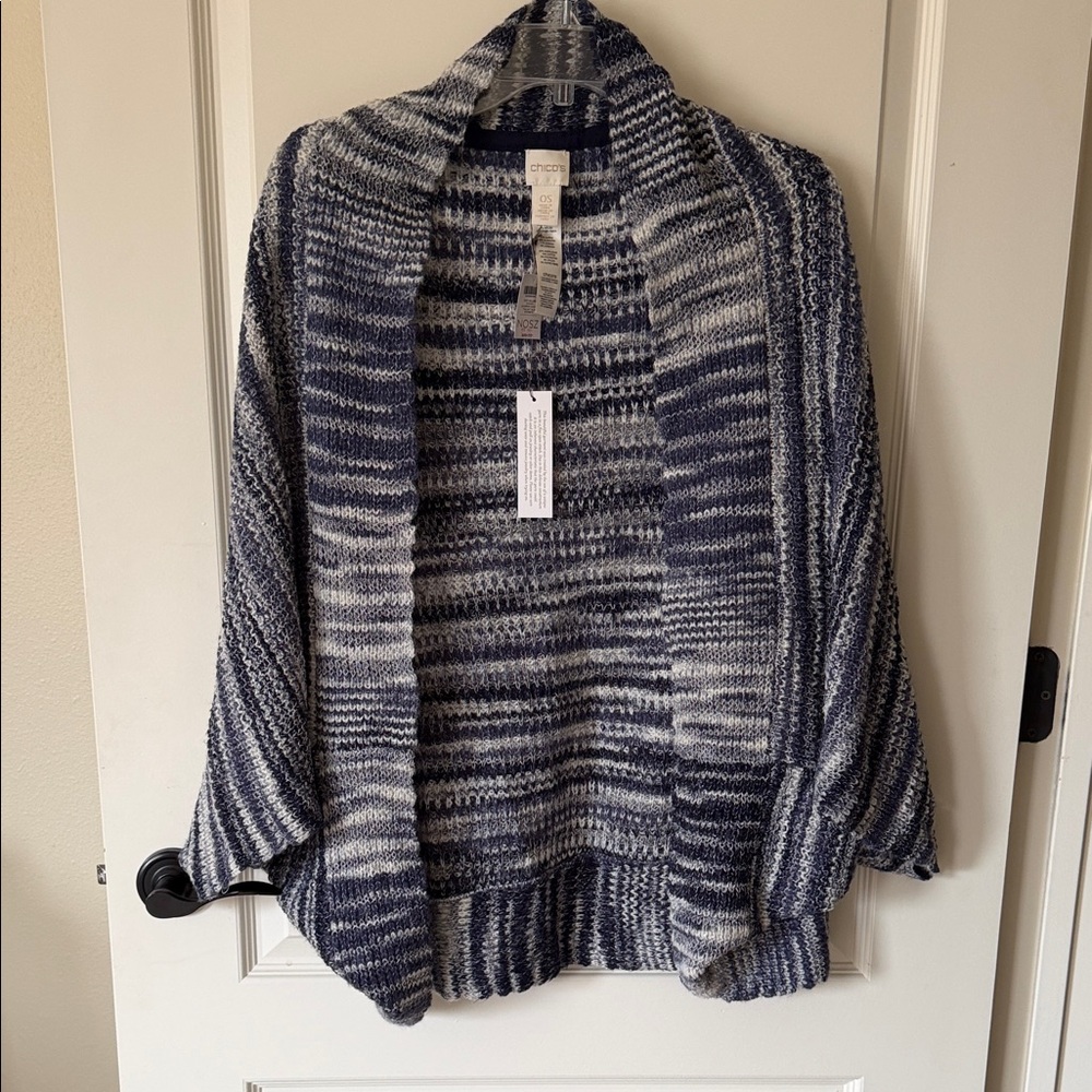Chico's Blue and Gray Striped Open-Front Sweater